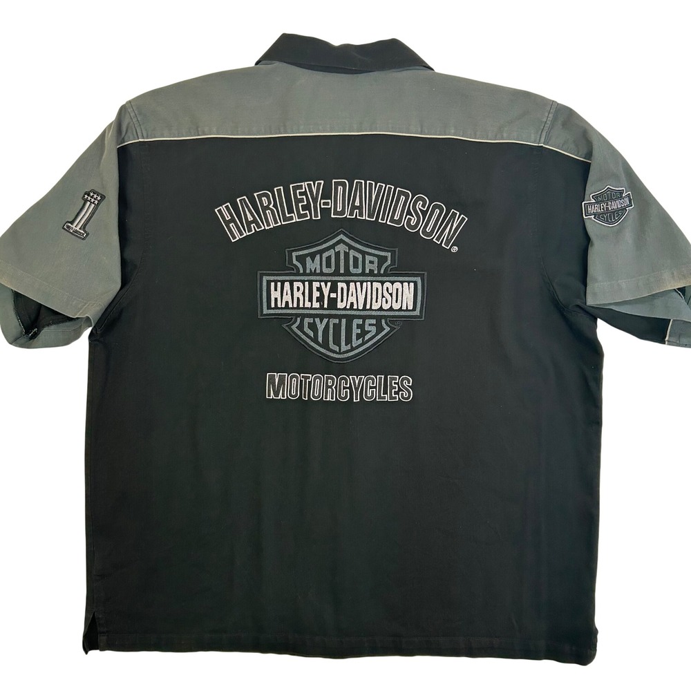 Harley-Davidson Mens 2XL Black Grey Embroidered Logo Garage Button Up Shirt 1134 - Picture 2 of 6